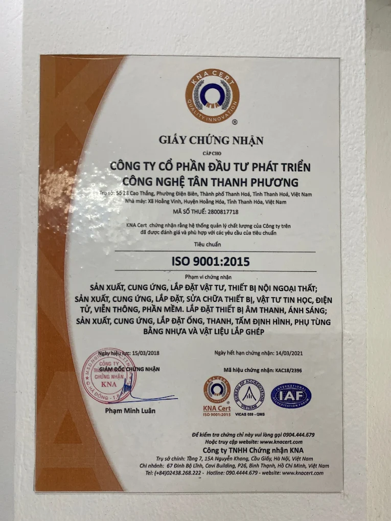 Chứng chỉ Hệ thống đạt Chất lượng ISO 9001